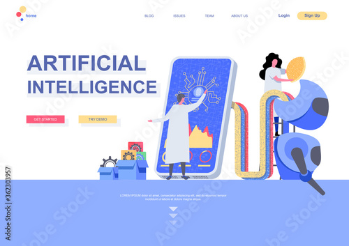 Artificial intelligence flat landing page template. Machine learning concept scientists programming cybernetic system situation. Web page with people characters. Digital technology vector illustration