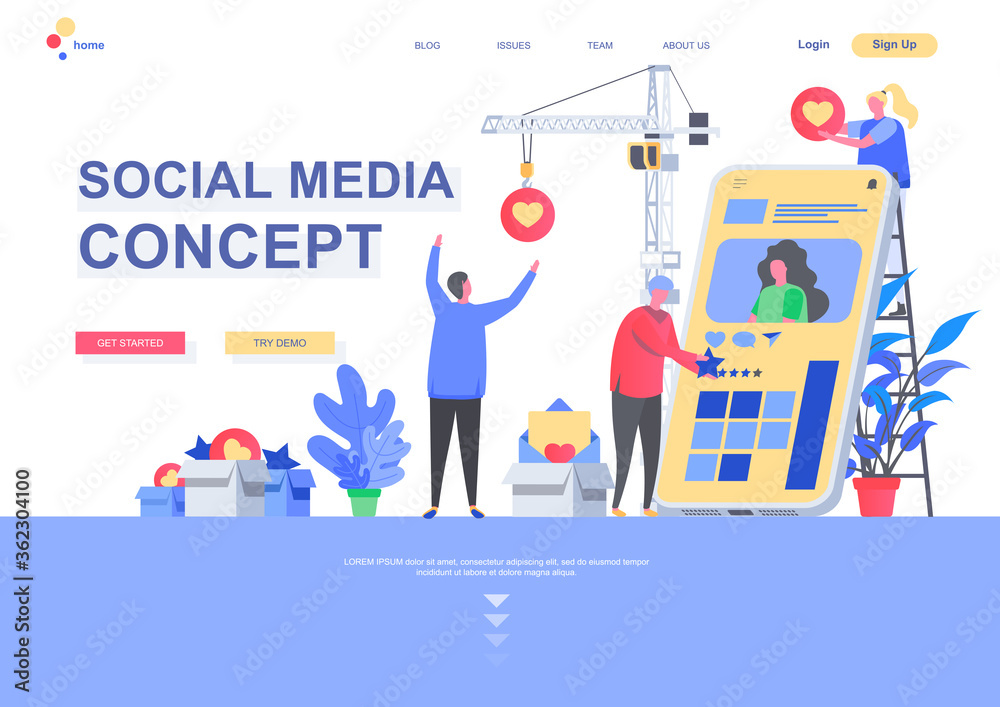 Social media concept flat landing page template. Social media marketing, sharing, comments and following situation. Web page with people characters. Internet community connection vector illustration.