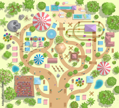 Vector illustration. Amusement park in the form of a tree. (Top view) Attractions, paths, circus, trees, plants, tents. (View from above)