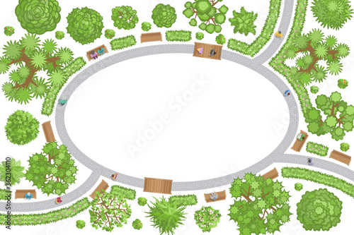 Vector illustration. Landscape design. Park. Top view. Path, benches, trees and flowers. View from above. (Space for your text)