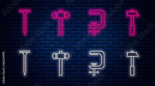 Set line Sledgehammer, Clamp and screw tool, Metallic nail and Hammer. Glowing neon icon on brick wall. Vector
