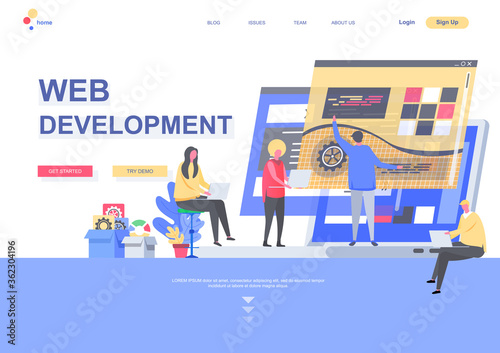 Web development flat landing page. Front end and back end development, developers team create internet application situation. Web page with people characters. Software engineering vector illustration
