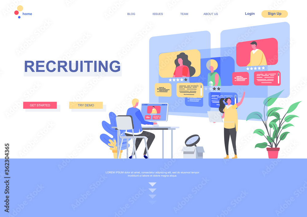 Recruiting flat landing page template. HR manager studying resumes of candidates situation. Web page with people characters. Human resource management and personnel hiring vector illustration.