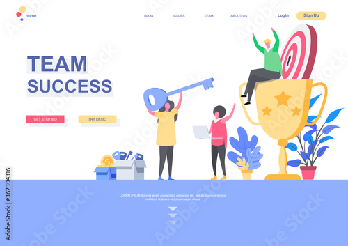 Team success flat landing page template. Office workers celebrating victory, winner sitting on trophy cup situation. Web page with people characters. Competition and achievement vector illustration