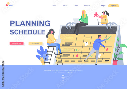 Planning schedule flat landing page template. Business team together planning week and month on big desk calendar situation. Web page with people characters. Time management vector illustration.