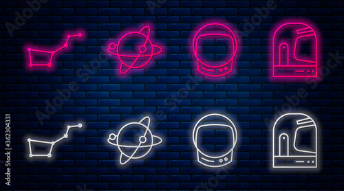 Set line Satellites orbiting the planet Earth, Astronaut helmet, Great Bear constellation and Astronaut helmet. Glowing neon icon on brick wall. Vector