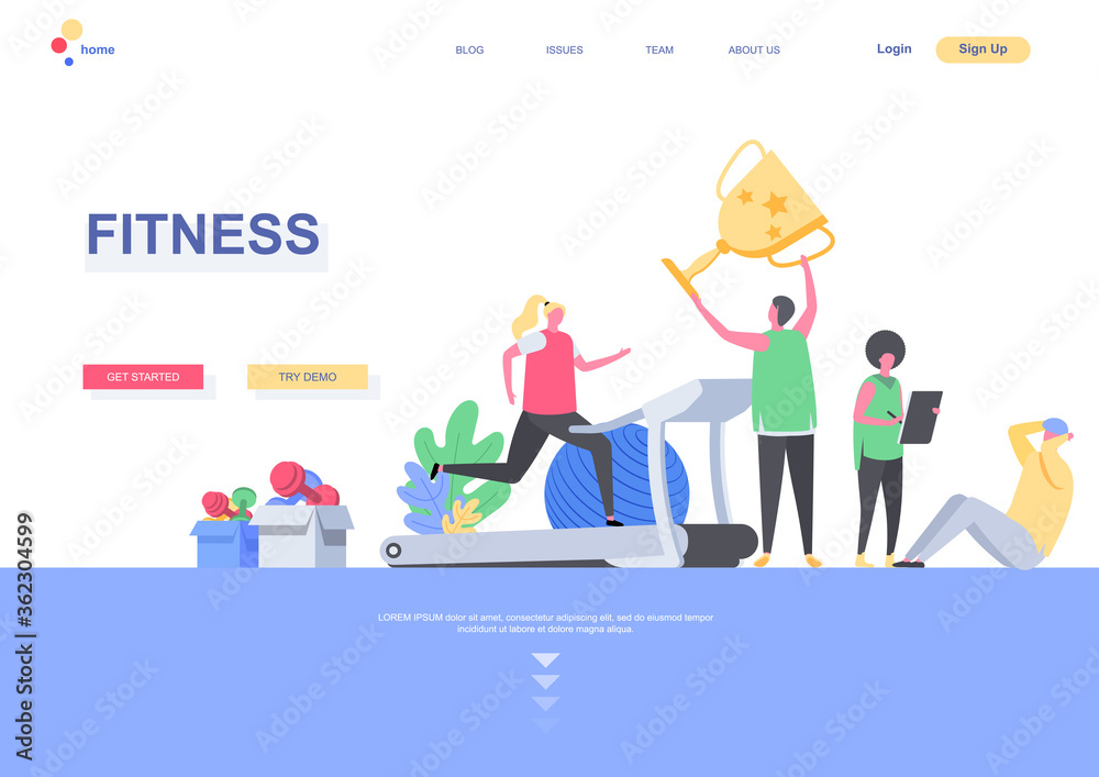 Fitness flat landing page template. People training and taking part in sports competitions situation. Web page with people characters. Sports activities and workout motivation vector illustration.