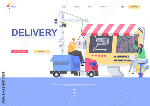 Delivery flat landing page template. Logistics and route tracking, courier with parcel situation. Web page with people characters. Online shopping and express delivery service vector illustration
