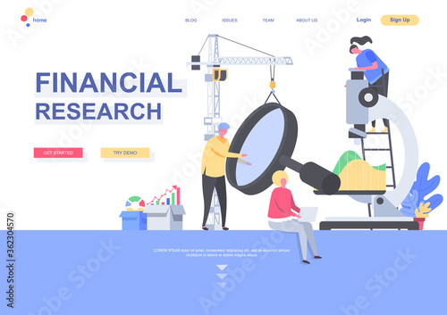 Financial research flat landing page template. Analysts carefully studying data with magnifying glass and microscope situation. Web page with people characters. Consulting service vector illustration