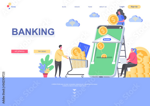 Banking flat landing page template. Online payment and financial transaction with banking mobile application situation. Web page with people characters. Credit and deposit vector illustration.