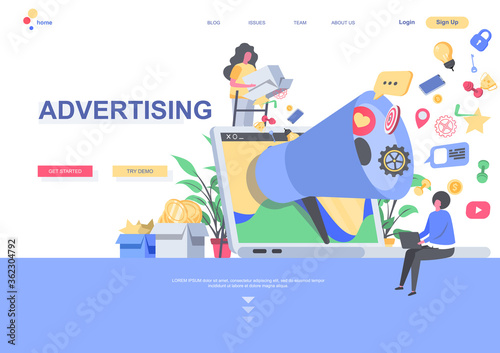 Advertising flat landing page template. Marketers making content for advertising campaign in social media situation. Web page with people characters. Announcement and promotion vector illustration.