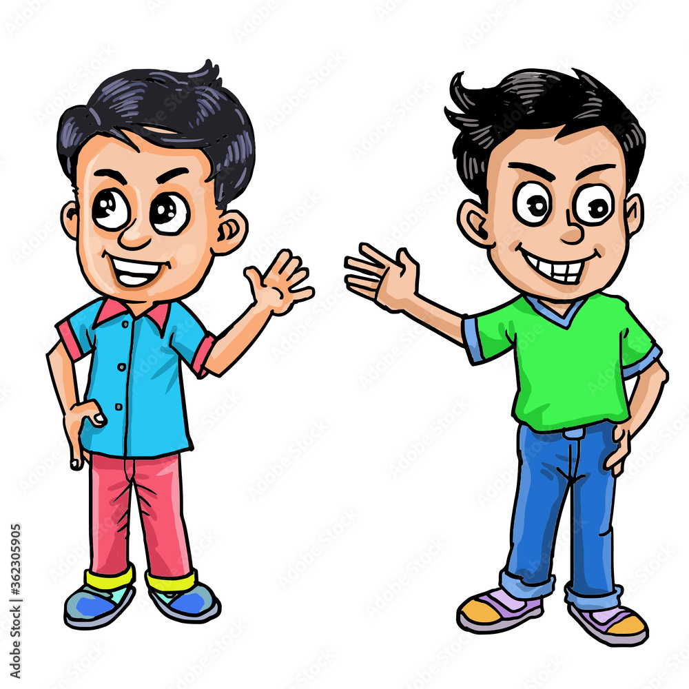Cartoon two kid smiling and showing each other Cartoon two kid smiling and showing each other