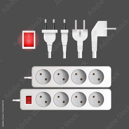 Set of extension cords with three outlets. Plug for outlet. Realistic style Vector.