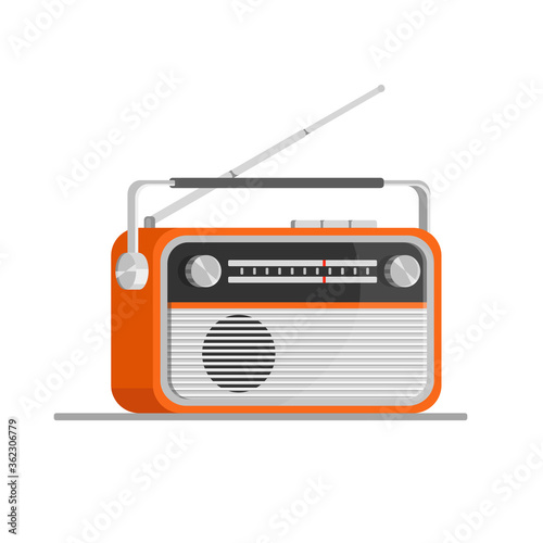 Orange old radio tuner. Vector illustration of vintage radio receiver, flat style. Retro radio.