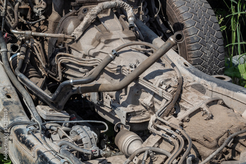 Fragment of the wrecked car, engine, gearbox and hinged equipment, car after the accident. © Алексей Кочев