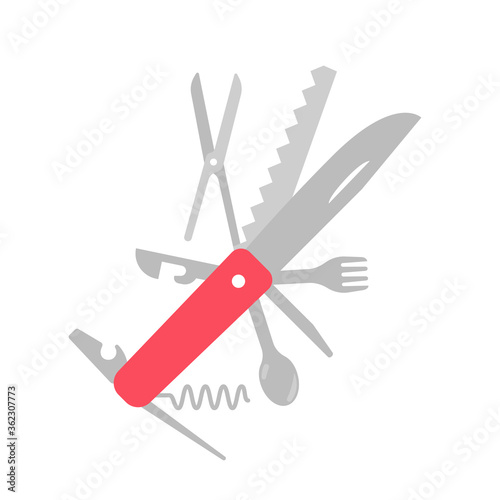 Jackknife multi-tool. Folding army knife. Unfolded position. Vector flat illustration.