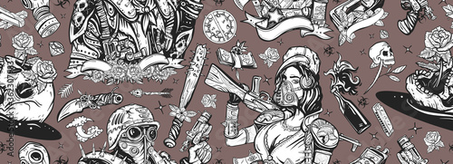 Post apocalypse. Post apocalyptic man warrior, soldier woman. Seamless pattern. People, weapon of dark future. Nuclear war background. Doomsday girl and gun, end of world