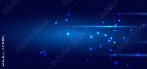 Abstract circles lines and dots connection with overlapping on dark blue background technology style.