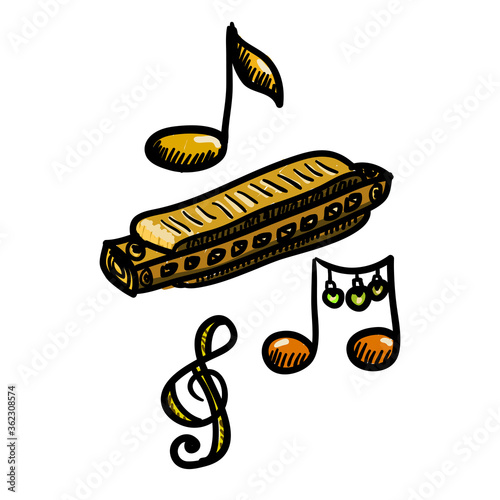 Doodle harp icon. Harmonica hand-drawn icon with notes and key. Cartoon colorful vector illustration.