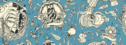 Octopus kraken and pirate ship, lighthouse, compass and anchor. Marine background. Funny underwater monster. Sea adventure seamless pattern
