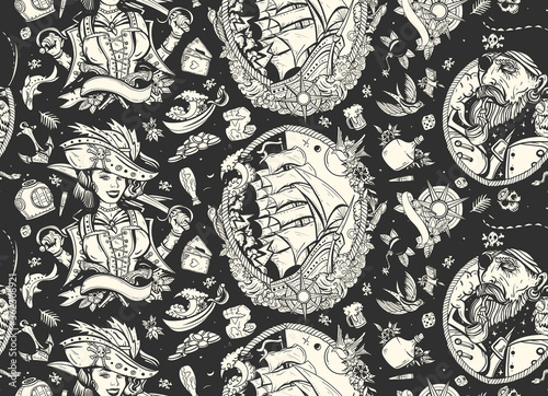 Pirate. Sea adventure seamless pattern. Captain, parrot, ship in storm, girl filibuster, compass, anchor, treasure island, swallows. Caribbean robbers. Traditional tattooing style. Marine background