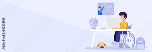 Home schooling concept. Disabled kid learning with computer from home. Vector