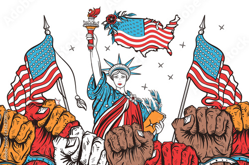 USA patriotic art. Symbol of protest, positions, elections, demonstrations, rallies. Fight for rights. Propaganda illustration. Statue of liberty, american flags and many fist raised in air