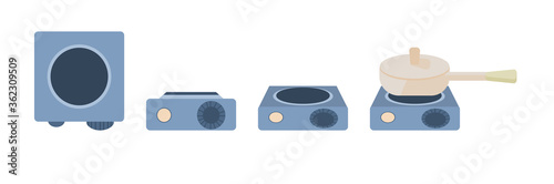 The electric cooker is isolated on a white background. A vector set of burners is drawn in a cartoon style. The view from the top, front, isometric.  The pot is on the stove.