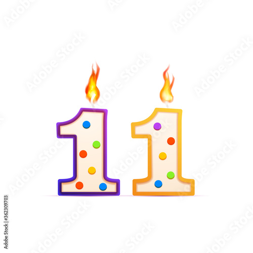Eleven years anniversary, 11 number shaped birthday candle with fire on white