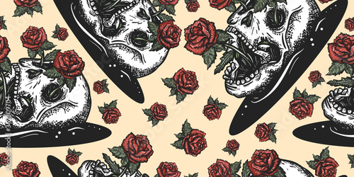 Skull and red roses flowers. Floral gothic, dark fairy tale background. Seamless pattern. Symbol life and death, beginning and end