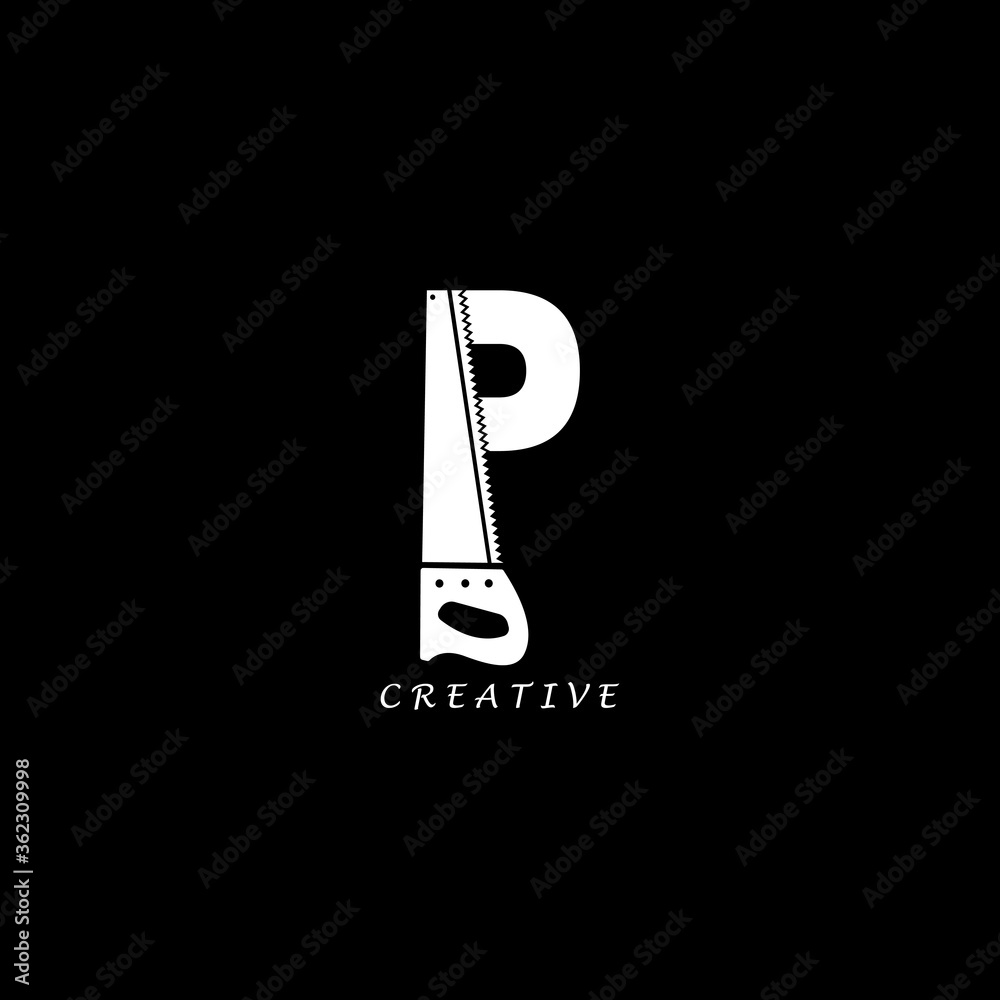 Hand saw concept simple flat P letter logo design Hand saw concept simple flat P letter logo design