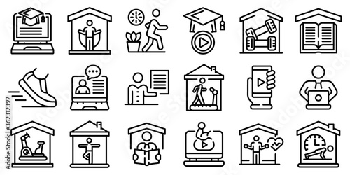 Home training icons set. Outline set of home training vector icons for web design isolated on white background