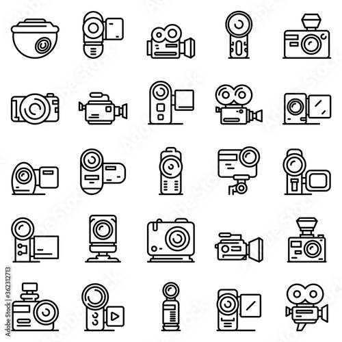 Camcorder icons set. Outline set of camcorder vector icons for web design isolated on white background