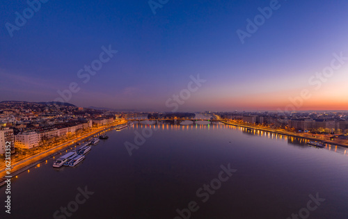 Aerial drone shot of Margaret island bridge in Budapest dawn before sunrise