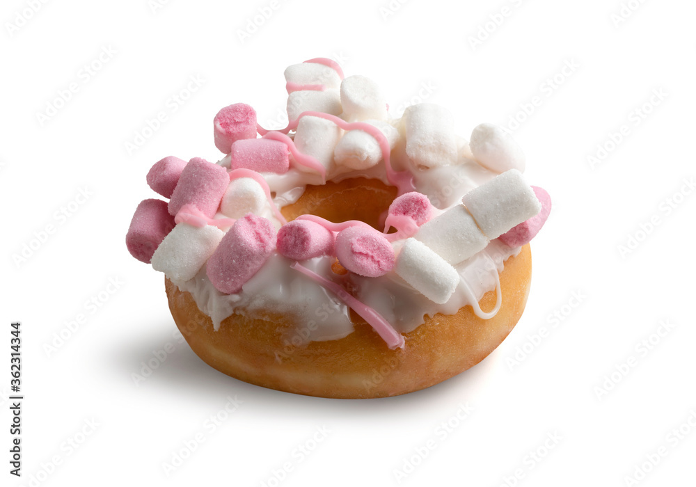 Donut topped with marshmallows. Isolated on white background