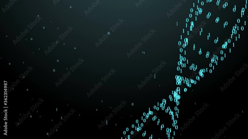 A DNA molecule with a binary code. Abstract matrix-style background on a dark background.