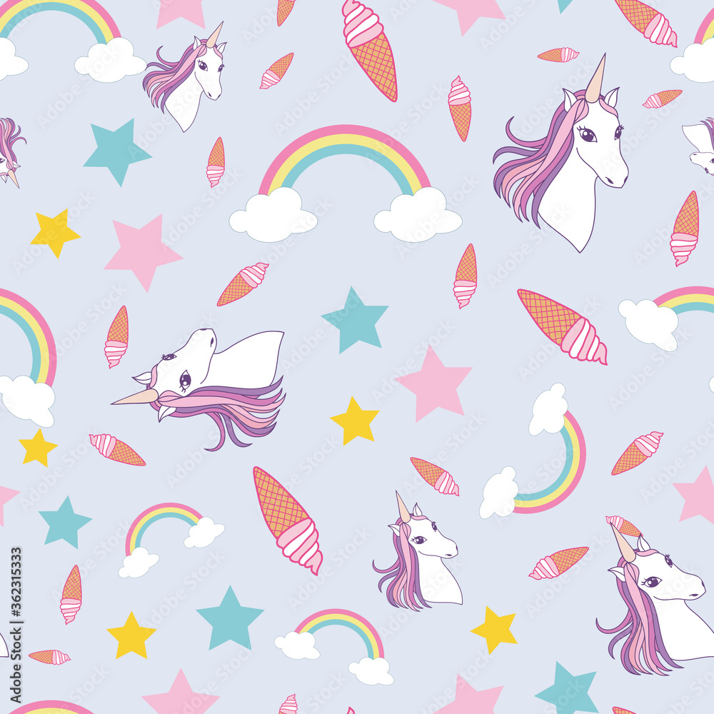 Seamless pattern ice cream, rainbow and unicorns on pastel purple background Seamless pattern ice cream, rainbow and unicorns on pastel purple background