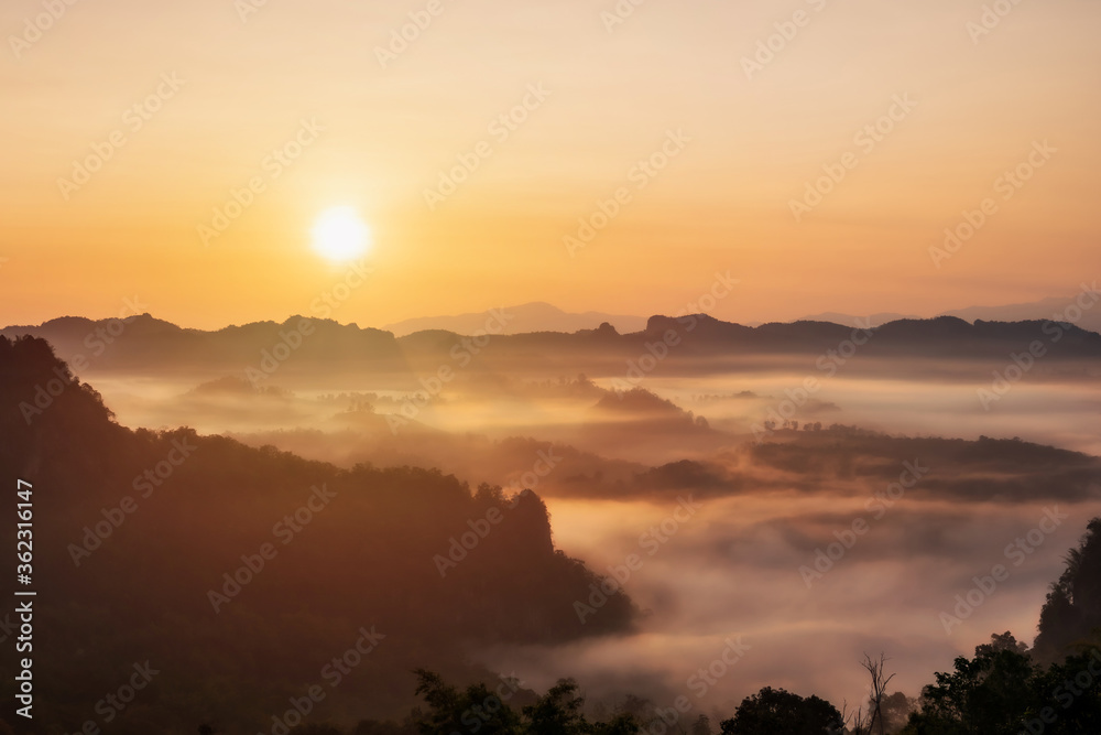 Sea of mist and sunset over the mountain at Ban Jabo, Mea hong son in Thailand