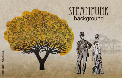 Mechanical tree and People, Steampunk poster. Man and woman in Historical Costumes. Victorian era. 