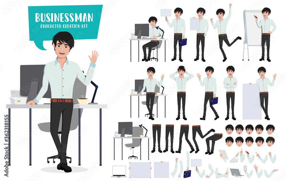 Businessman character creation kit and vector set. Business man young asian male characters office employee with editable body parts in desk for sales presentation. Vector illustration.