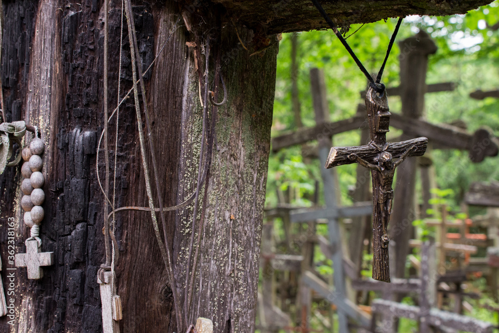 Holy Mount Grabarka, Poland - 06..06.2020: old wooden orthodox crosses Holy Mount Grabarka, Poland - 06..06.2020: old wooden orthodox crosses