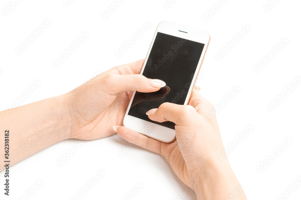 Mobile screen. Cellphone, phone with space for text. Woman holding smartphone in female hand with empty blank screen isolated on white background. Learning online concept. Mobile screen. Cellphone, phone with space for text. Woman holding smartphone in female hand with empty blank screen isolated on white background. Learning online concept.