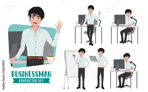Businessman office desk character vector set. Business man office young male characters in standing and sitting in desk table working with computer laptop. Vector illustration   