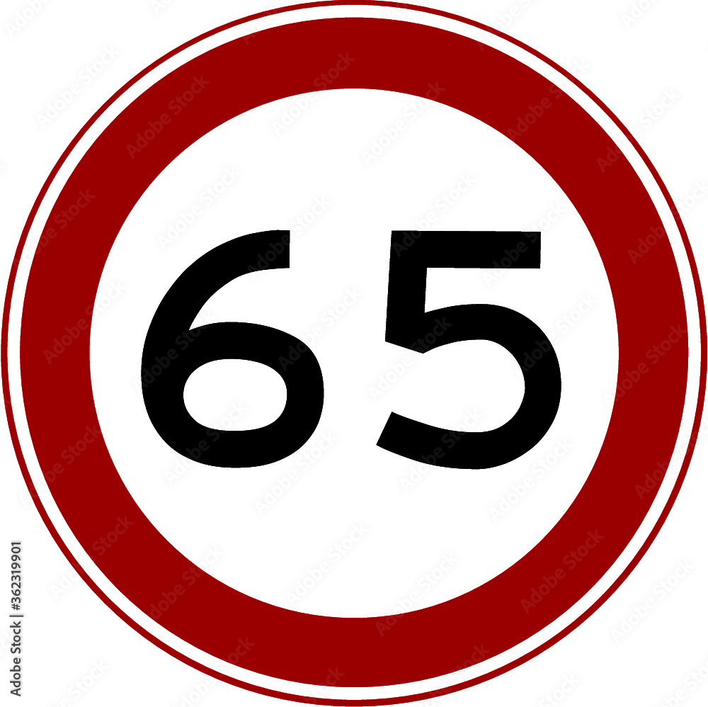 Red and white traffic sign from the Netherlands with speed 65 which is also used for birthday or aniversity Red and white traffic sign from the Netherlands with speed 65 which is also used for birthday or aniversity