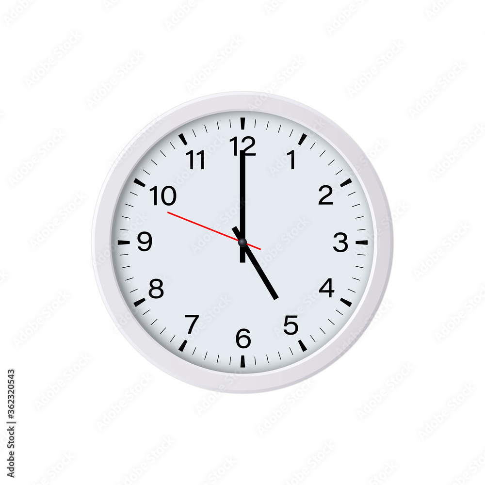 White round wall clock showing 5 o'clock, isolated. Vector illustration White round wall clock showing 5 o'clock, isolated. Vector illustration