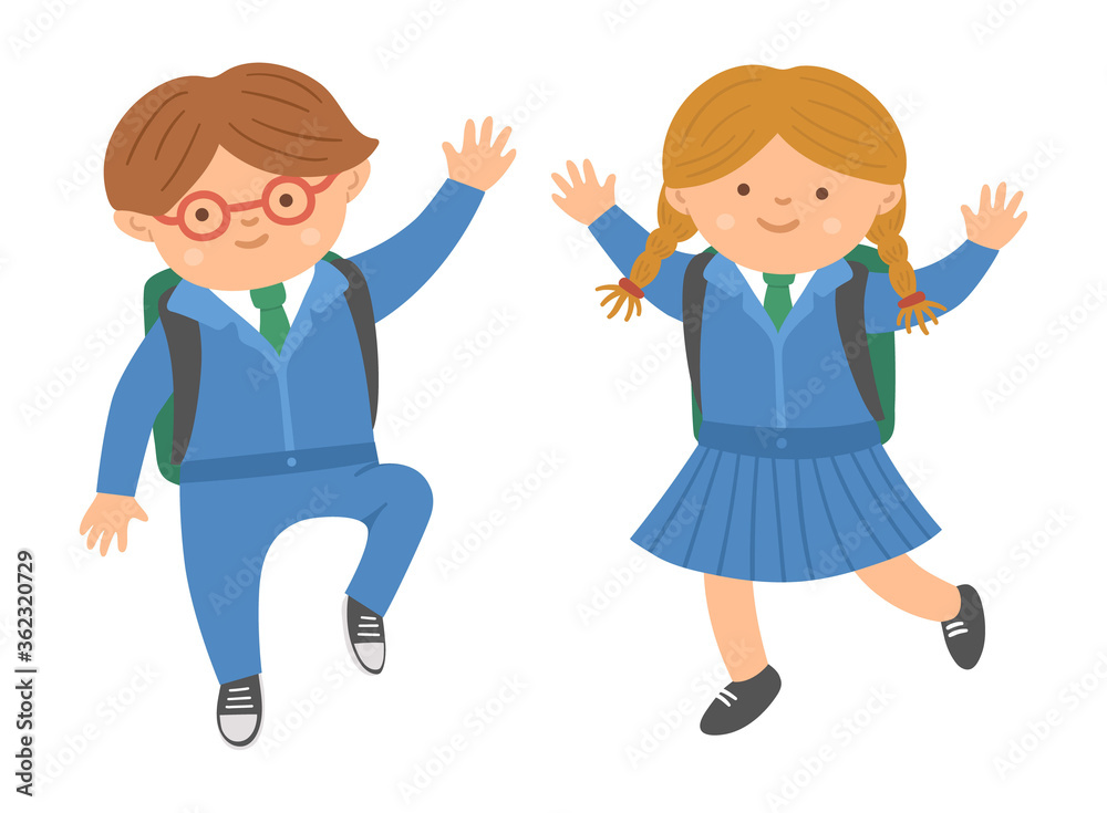 Vector cute happy schoolchildren jumping with joy with hands up. Back to school character illustration. Funny kids in uniform with schoolbags isolated on white background..