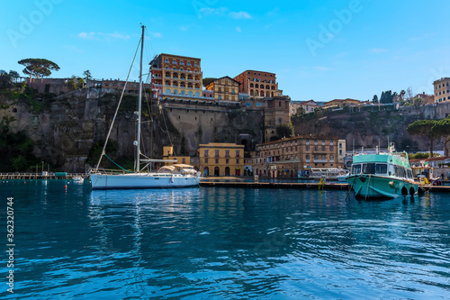 A close up view across the marina Piccola towards the cliffs in Sorrento, Italy photo