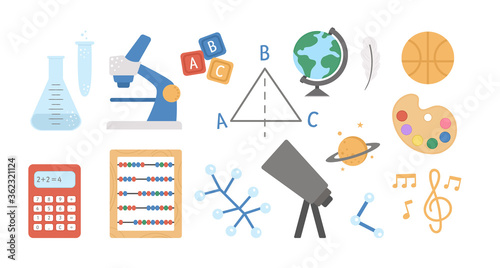 Vector school subject icons. Classroom signs collection. Back to school educational clipart. Math, literature, chemistry, astronomy class concepts.