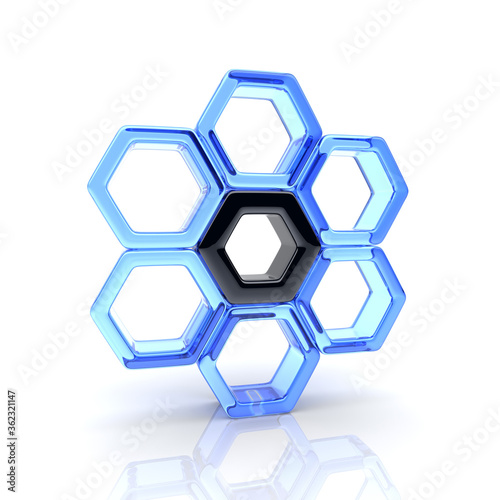 Illustration of unique black hexagon and many blue glass (concept of uniqueness and communication)