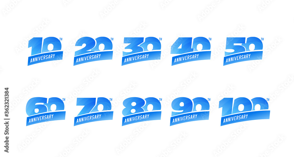Set of anniversary signs from 10 to 100. Numbers in blue colors. Stock vector emblem design elements. Set of anniversary signs from 10 to 100. Numbers in blue colors. Stock vector emblem design elements.